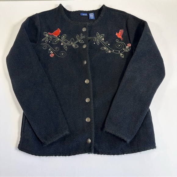 Basic Editions Small Black Fleece Cardigan Sweater Cardinals  Winter Holiday - Picture 1 of 9